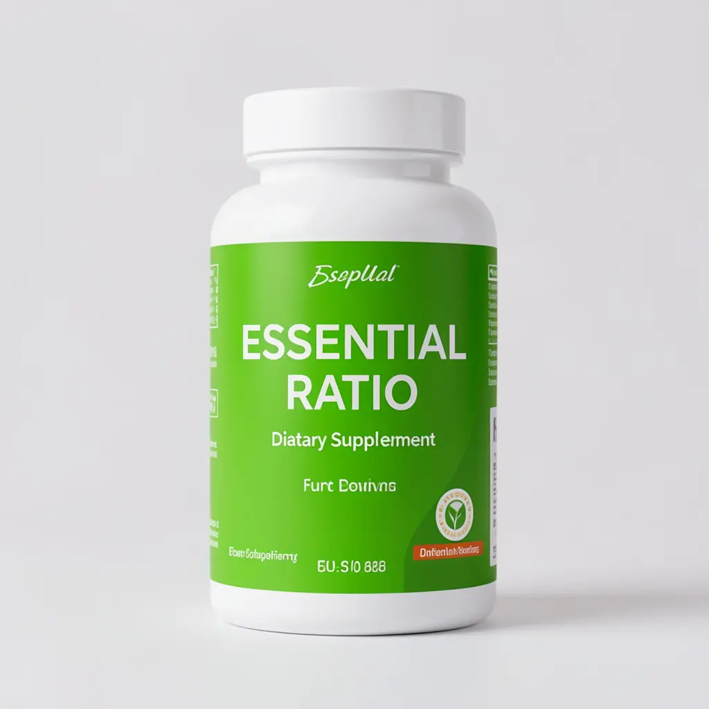 Essential Ratio dietary supplement bottle with a green label on a light background